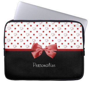 Girly Red and Black Polka Dot Hearts Bow With Name Laptop Sleeve