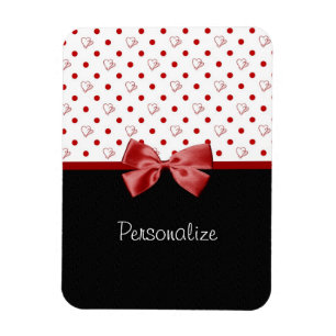 Girly Red and Black Polka Dot Hearts Bow With Name Magnet