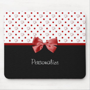 Girly Red and Black Polka Dot Hearts Bow With Name Mouse Pad