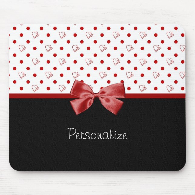 Girly Red and Black Polka Dot Hearts Bow With Name Mouse Pad (Front)