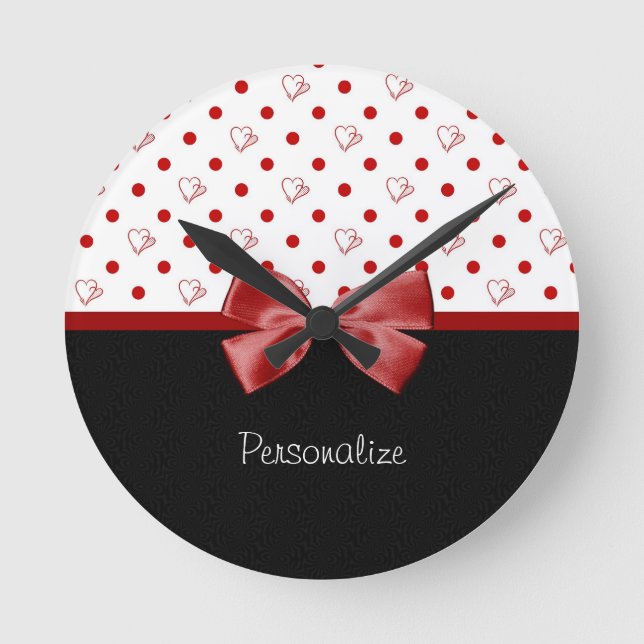 Girly Red and Black Polka Dot Hearts Bow With Name Round Clock (Front)