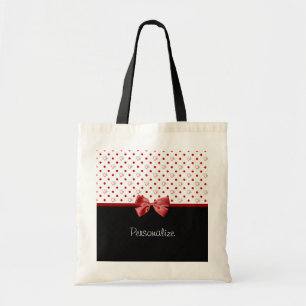 Girly Red and Black Polka Dot Hearts Bow With Name Tote Bag