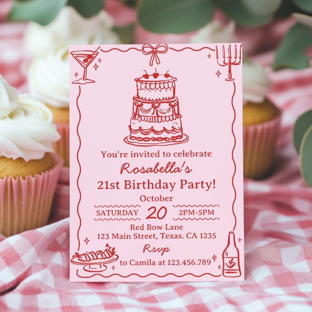 Girly Red and Pink Bow Cake Birthday Invitation (Creator Uploaded)