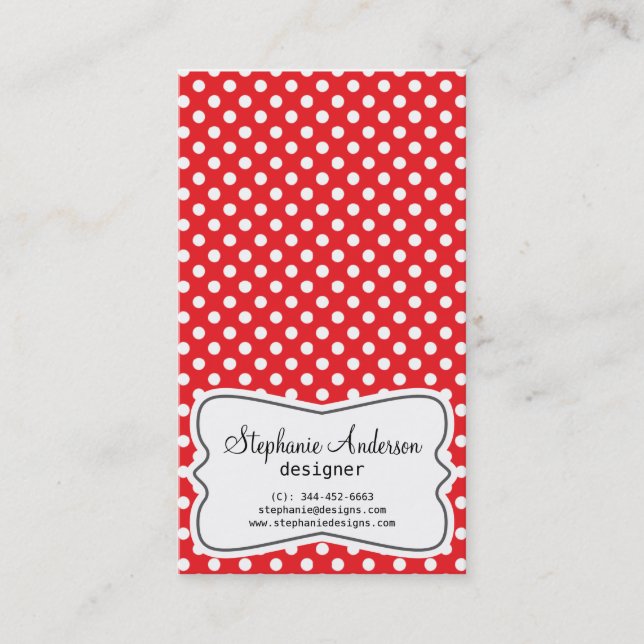 Girly Red and White Polka Dots Business Card (Front)