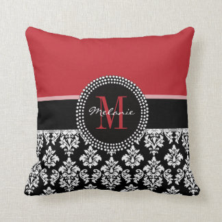 Girly Red Black Damask Your Monogram Name Pillow