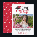 Girly Red Bow & Cap Graduation Save The Date<br><div class="desc">Cute bow-themed graduation save the date card with a photo of the graduate and save the date written in a combo of matte black modern letters and a deep red brush script, with a little black graduation cap adorned with a big red bow. Red graduation save the date template card...</div>