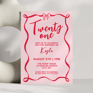 Girly Red Bow Coquette Twenty One 21st Birthday Invitation