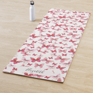 Girly Red Butterflies Custom Name Yoga Mat