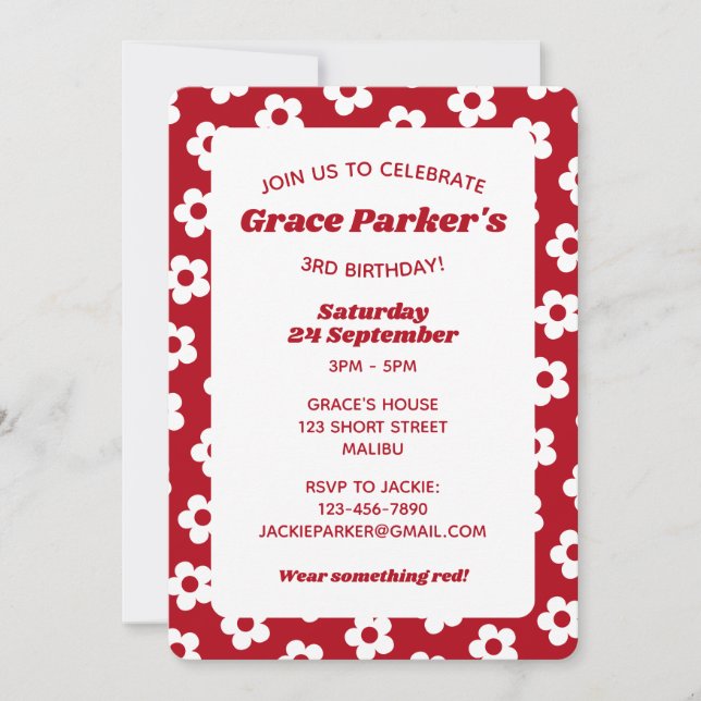 Girly Red Daisy Pattern 3rd Birthday Party Invitation (Front)