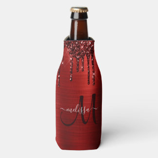 Girly Red Dripping Glitter Brush Metal Monogram Bottle Cooler