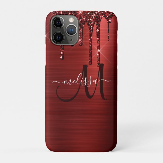 Girly Red Dripping Glitter Brush Metal Monogram Case-Mate iPhone Case (Back)