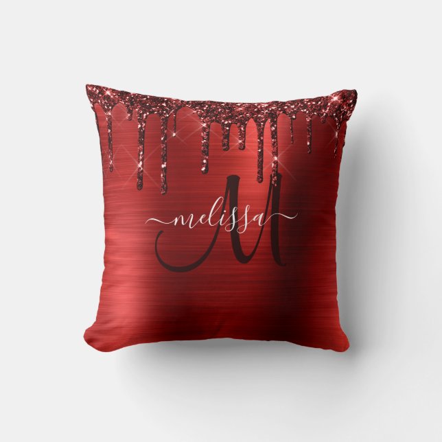 Girly Red Dripping Glitter Brush Metal Monogram Cushion (Front)