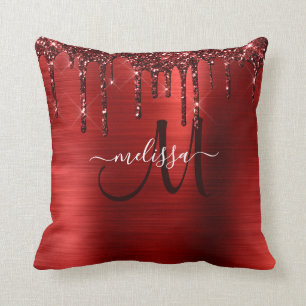 Girly Red Dripping Glitter Brush Metal Monogram Cushion