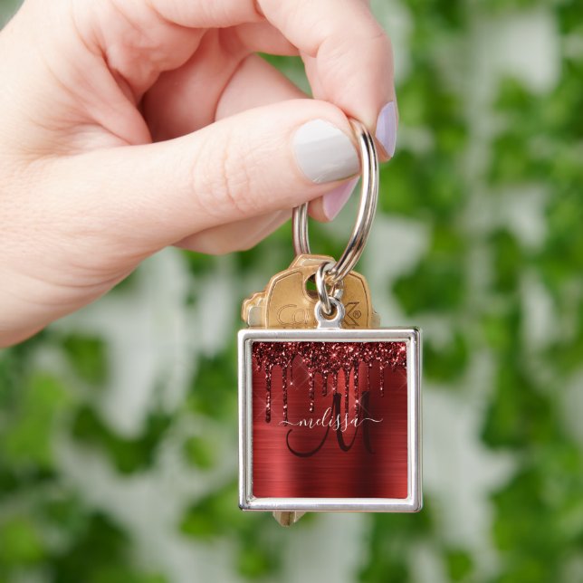 Girly Red Dripping Glitter Brush Metal Monogram Key Ring (Hand)