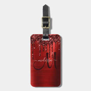 Girly Red Dripping Glitter Brush Metal Monogram Luggage Tag