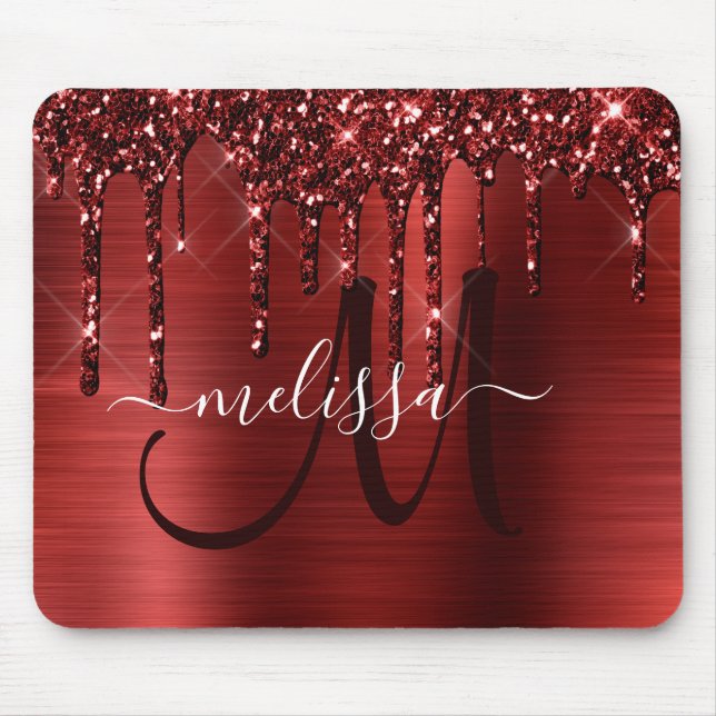 Girly Red Dripping Glitter Brush Metal Monogram Mouse Pad (Front)