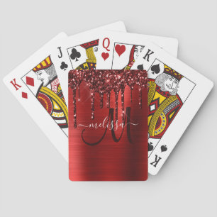 Girly Red Dripping Glitter Brush Metal Monogram Playing Cards
