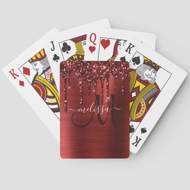 Girly Red Dripping Glitter Brush Metal Monogram Playing Cards (Back)