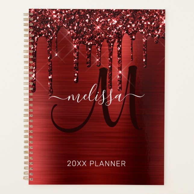 Girly Red Dripping Glitter Brushed Metal 2023 Planner (Front)