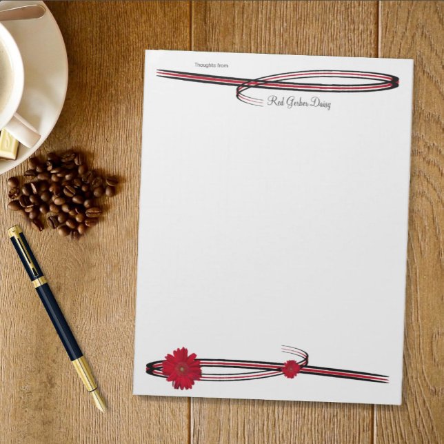 Girly Red Gerber Daisy Photos Flourish Borders Notepad (Template note pad daisy border top and bottom )