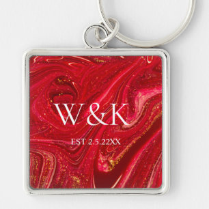 Girly Red Glitter monogram Initial Wedding Couple  Key Ring