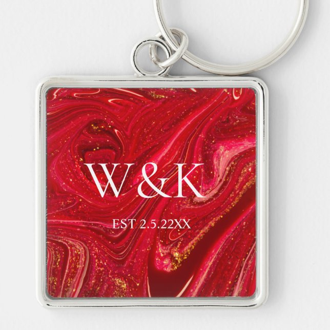 Girly Red Glitter monogram Initial Wedding Couple  Key Ring (Front)