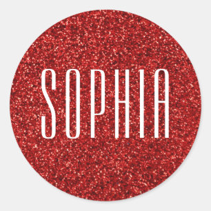 Girly Red Glitter Name Cute Sparkle Classic Round Sticker