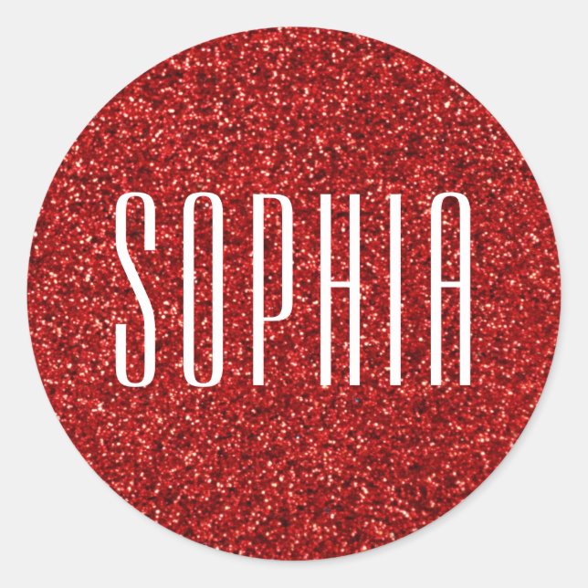 Girly Red Glitter Name Cute Sparkle Classic Round Sticker (Front)