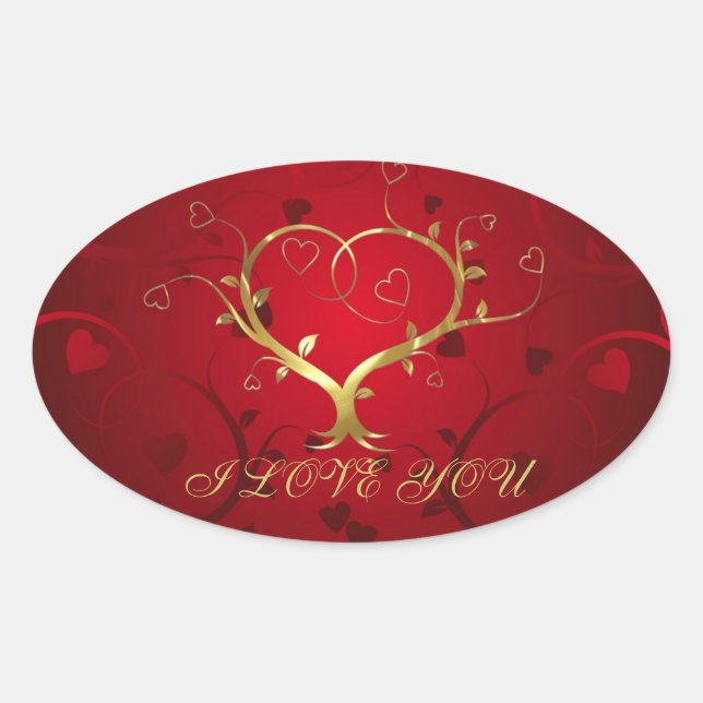 Girly Red & Gold Abstract Heart And Floral Swirls Oval Sticker (Front)