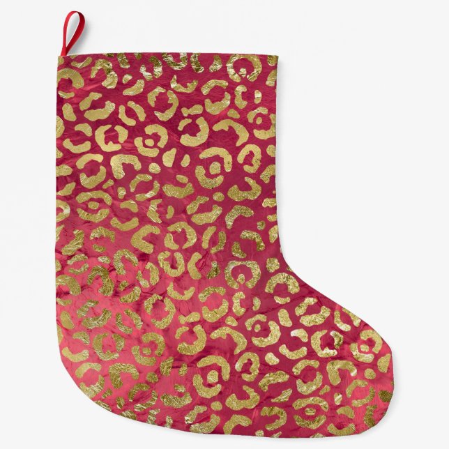 Girly Red Gold Glam Leopard Large Christmas Stocking (Front)