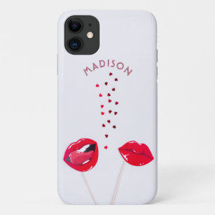 Girly Red Lips Hearts Personalised Name LGBT Case-Mate iPhone Case