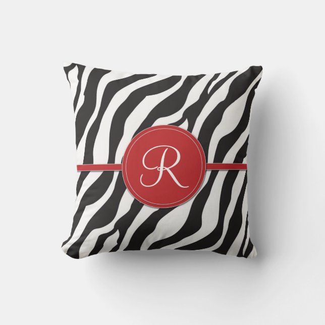 Girly Red Monogram Zebra Print Cushion (Front)