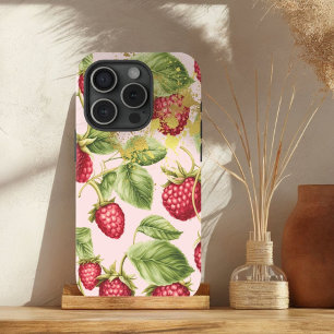 Girly Red, Pastel Pink and Gold Raspberry Fruit  iPhone 15 Case