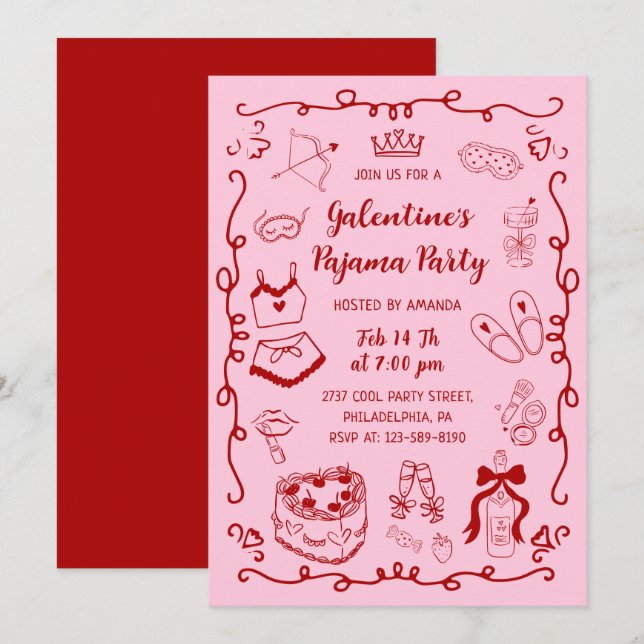 Girly Red Pink Hand Drawn Galentine's Pajama Party Invitation (Front/Back)