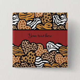 Girly Red Playful Animal Print Hearts Name 15 Cm Square Badge