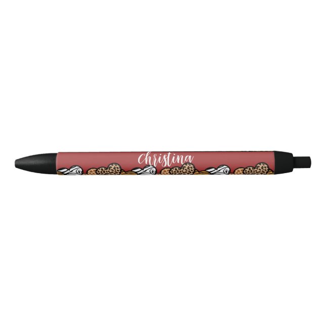 Girly Red Playful Animal Print Hearts Name  Black Ink Pen (Front)