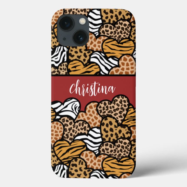 Girly Red Playful Animal Print Hearts Name  Case-Mate iPhone Case (Back)