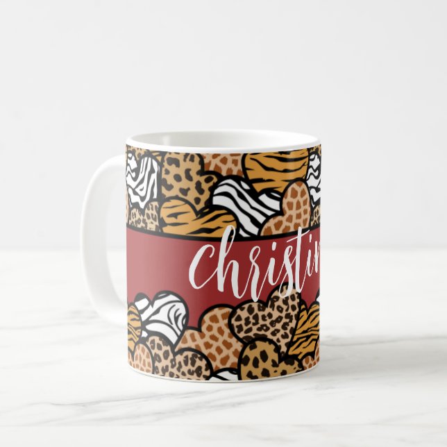 Girly Red Playful Animal Print Hearts Name  Coffee Mug (Front Left)