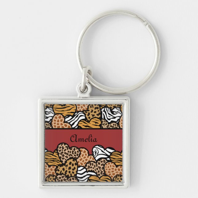 Girly Red Playful Animal Print Hearts Name  Key Ring (Front)