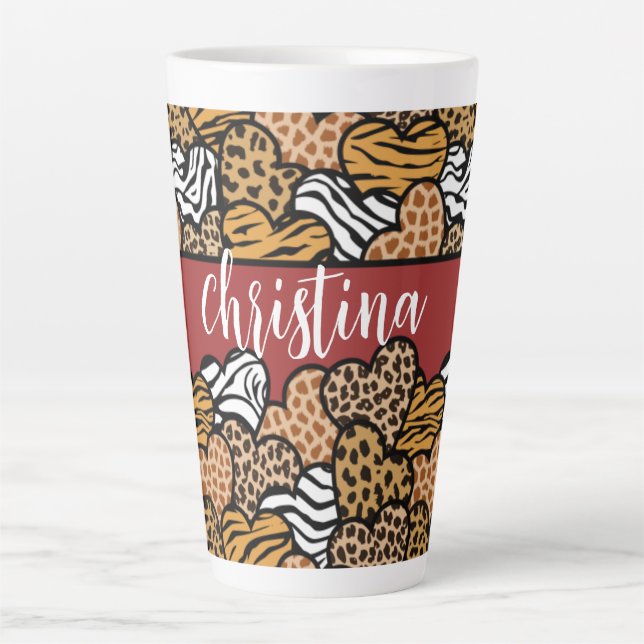 Girly Red Playful Animal Print Hearts Name  Latte Mug (Front)
