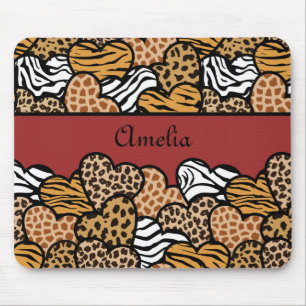 Girly Red Playful Animal Print Hearts Name Mouse Pad