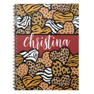 Girly Red Playful Animal Print Hearts Name  Notebook