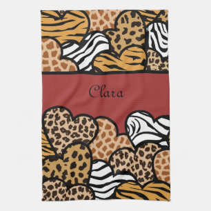 Girly Red Playful Animal Print Hearts Name  Tea Towel
