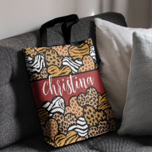 Girly Red Playful Animal Print Hearts Name Tote Bag