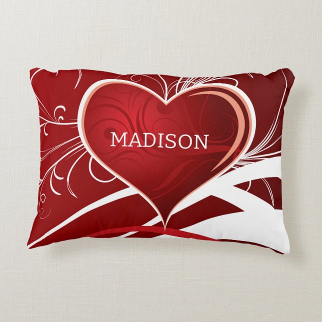 Girly Red & White Abstract Heart And Floral Swirls Decorative Cushion (Back)
