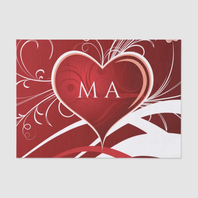 Girly Red & White Abstract Heart And Floral Swirls Tissue Paper (Front)