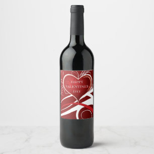 Girly Red & White Heart And Floral Swirls Wine Label
