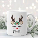 Girly Reindeer Face Personalised Name Christmas Coffee Mug<br><div class="desc">Cute Christmas coffee or hot cocoa mug features an illustration of a sweet reindeer girl face with pretty eyelashes, rosy blush cheeks, a holly berry greenery decoration on her antlers, and a shiny red nose. Personalise this festive hot chocolate mug with a first name or other custom text. Makes a...</div>