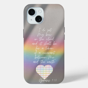 Girly Religious Photographic Rainbow Plaid Heart iPhone 15 Case