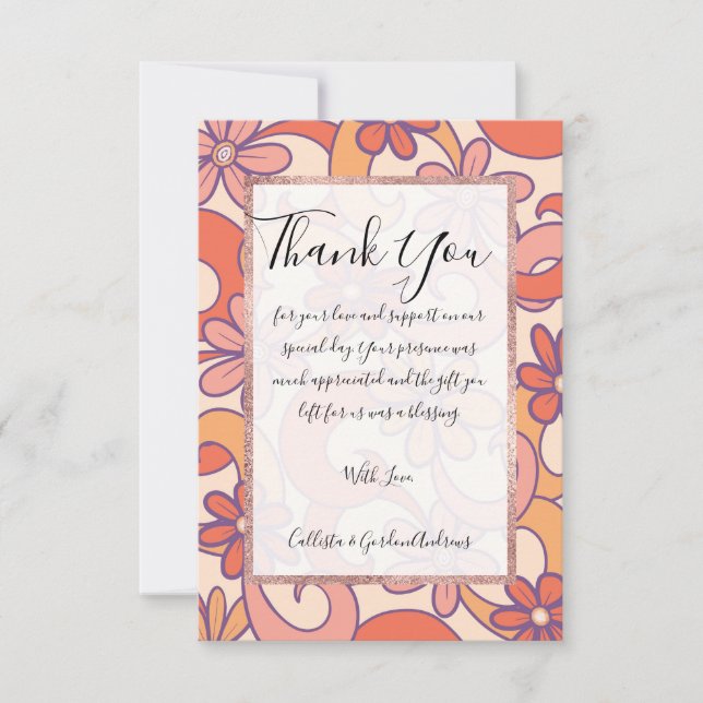 Girly Retro Pink Orange Groovy Flowers Thank You Card (Front)